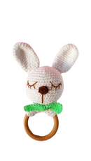 Bunny with Bow Wooden Crochet Teether (White & Green)