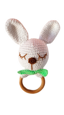 Bunny with Bow Wooden Crochet Teether (White & Green)