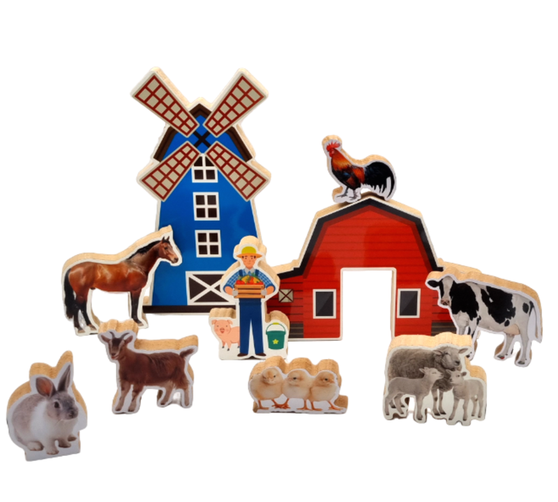 GrapplerTodd Farm & Farm Animals Wooden Toys Set for Kids | Wooden Toys with Barnyard & Windmill | Wooden Shape Toys | Real Images Educational Toy