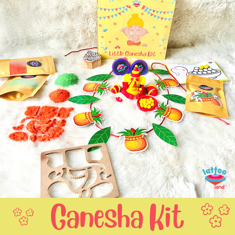 Ganesha Kit - Set of dough tubs, Stamp, Stencil, Rangoli Powder, Toran making kit