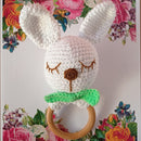 Bunny with Bow Wooden Crochet Teether (White & Green)