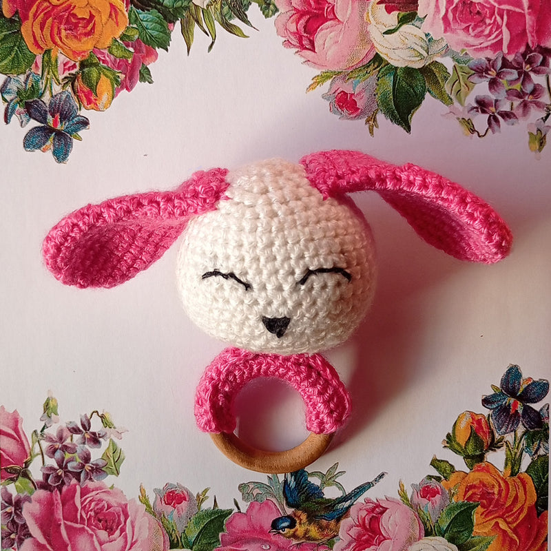 Crochet  Bunny Shape WoodenTeether (White and Pink)