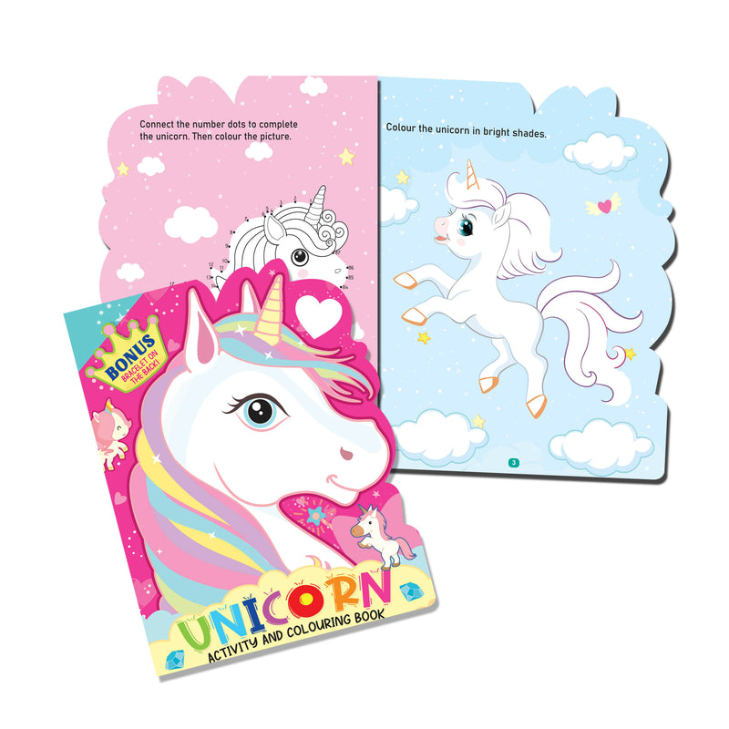 Unicorn Activity and Colouring Book- Die Cut Animal Shaped Book : Interactive & Activity Children Book by Dreamland Publications 9789394767577