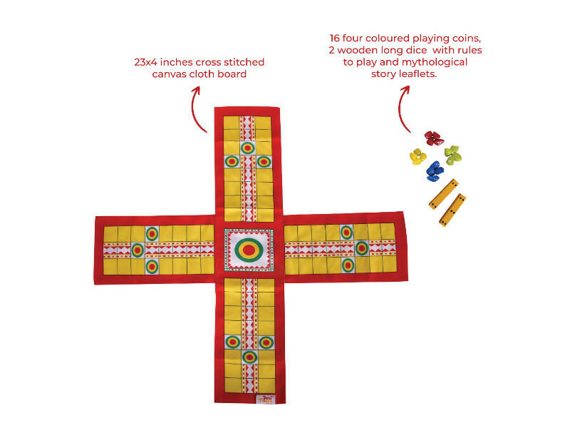 Mahabharat Pachisi/Chaupar/Chopad/Chaupad/Indian Ludo, Classic Strategy Board Game with Canvas Fabric Board, Based on Indian Mythological Story