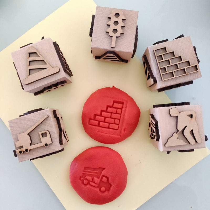 KIDDO KORNER | Construction Theme Wooden Play-Dough Stamp Cube for Kids | Wooden Stamp Cube Set of 1