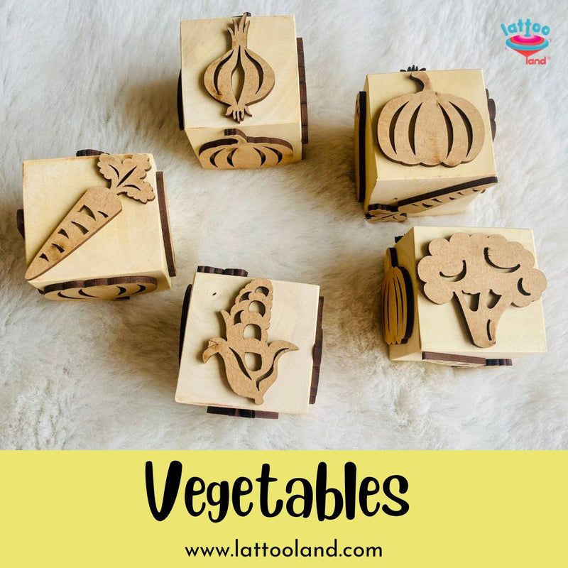 Onion,Cauliflower, carrot, Maize & Tomato shaped vegetable theme based wooden dice