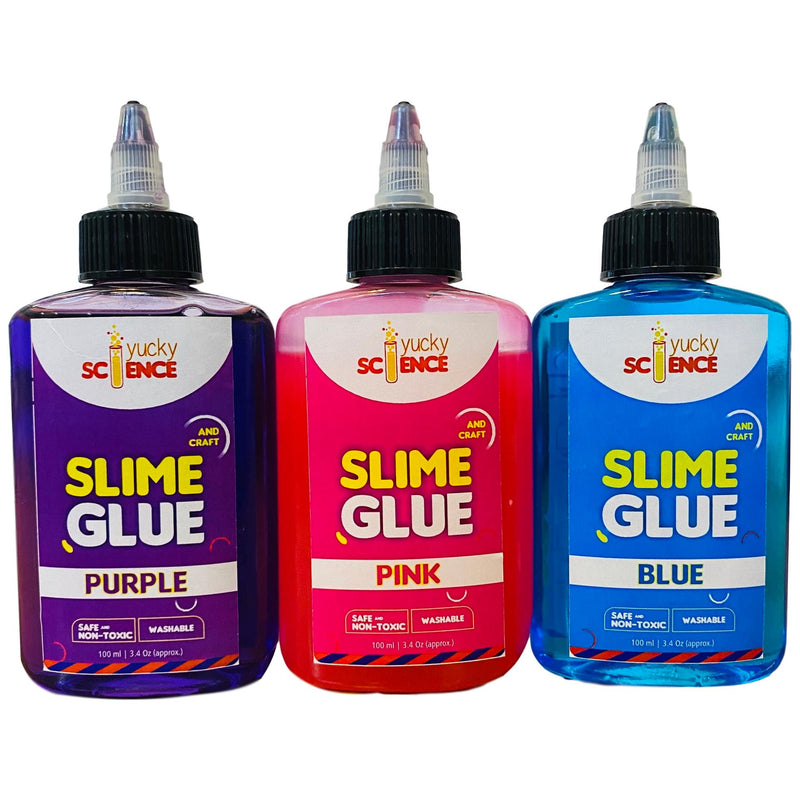 Slime and Craft Assorted Color Glue. (Purple/Pink/Blue, Pack of 3 Bottles, 100 ml Each) + 1 Bottle Slime Activator Liquid Plus Clear (200 ml). Make 20+ Slimes