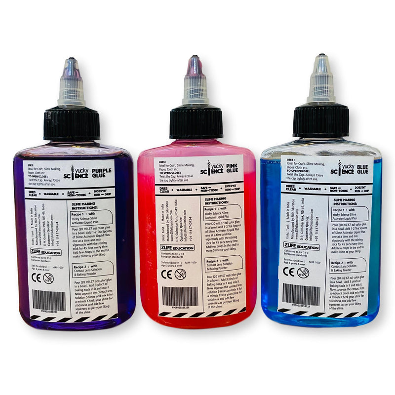 Slime and Craft Assorted Color Glue. (Purple/Pink/Blue, Pack of 3 Bottles, 100 ml Each)