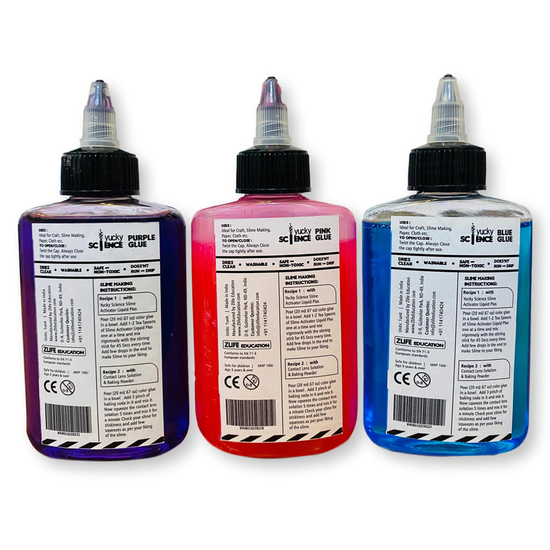 Slime and Craft Assorted Color Glue. (Purple/Pink/Blue, Pack of 3 Bottles, 100 ml Each) + 1 Bottle Slime Activator Liquid Plus Clear (200 ml). Make 20+ Slimes