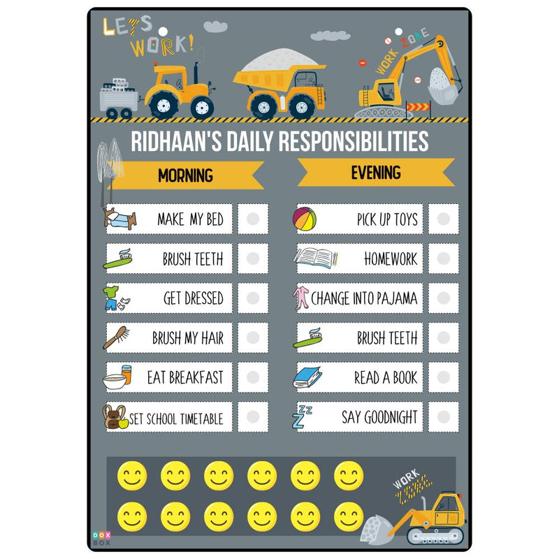 Personalised Daily Responsibility Chart -Construction Vehicle