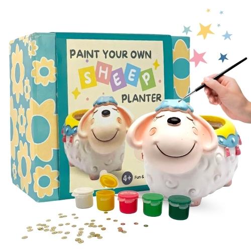 Craftopedia Paint Your Own Sheep Planter | DIY Art and Craft Kit | Eco-Friendly Ceramic Activit | Gift Set for Kids, Age 4,5,6 + (Paper Weight, Crayon Stand)
