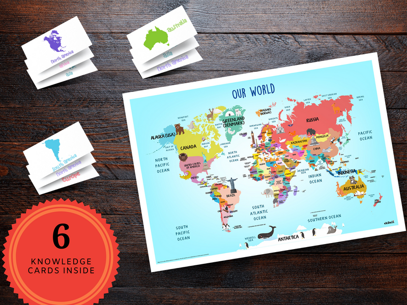 Fun World Map with Country Names &  6 Knowledge cards | 24X23 Inch