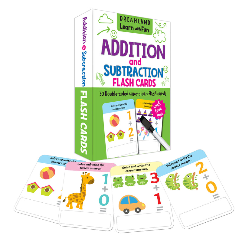 Flash Cards Addition and Subtraction - 30 Double Sided Wipe Clean Flash Cards for Kids (With Free Pen) : Early Learning Children Book By Dreamland Publications 9789388416030