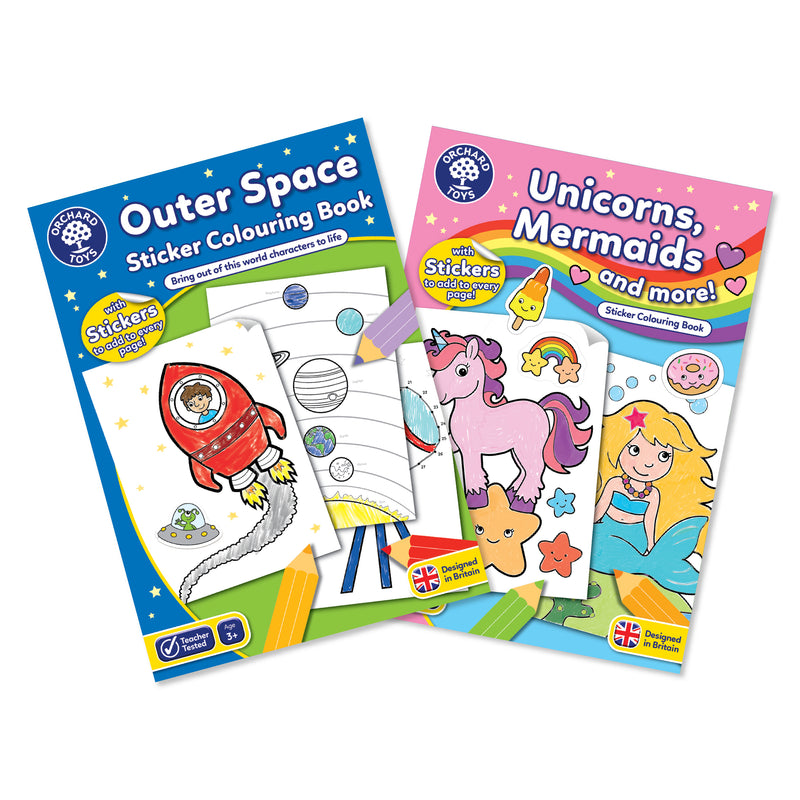 Unicorns, Mermaids and more! + Outer Space Sticker Colouring Books
