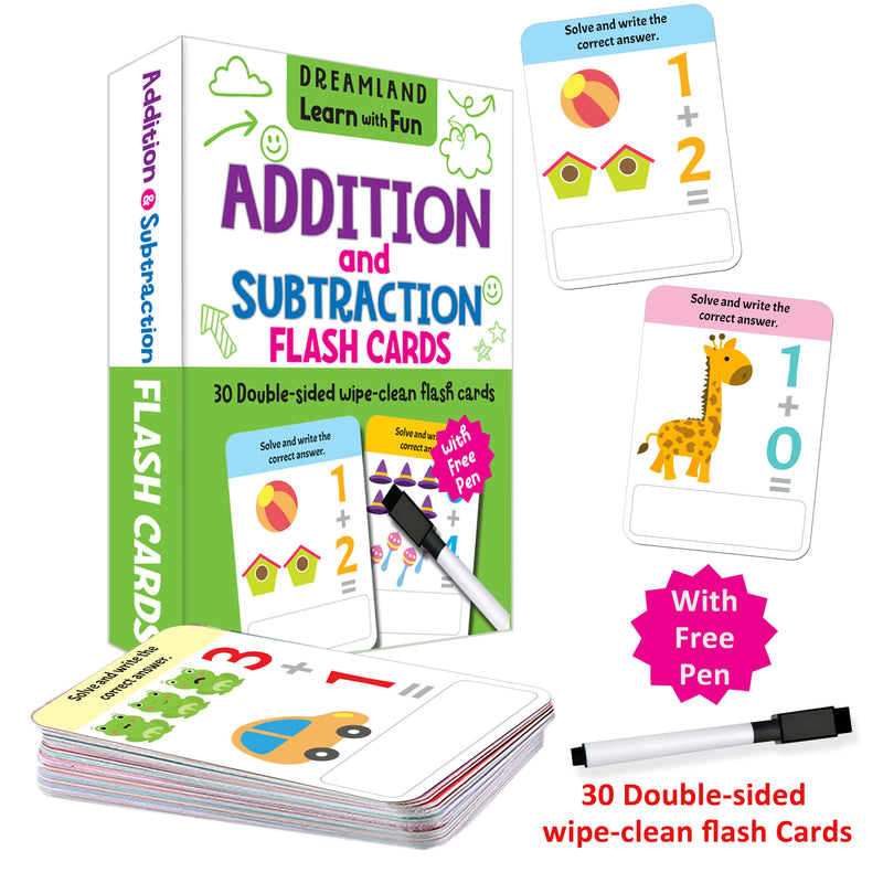 Flash Cards Addition and Subtraction - 30 Double Sided Wipe Clean Flash Cards for Kids (With Free Pen) : Early Learning Children Book By Dreamland Publications 9789388416030