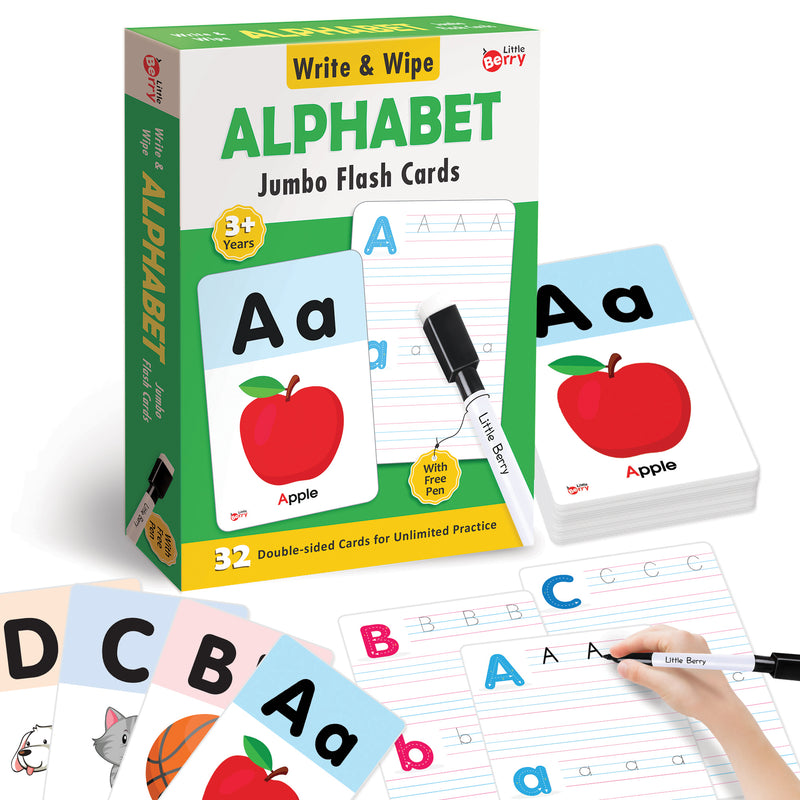 Little Berry ALPHABET Write & Wipe Jumbo Flash Cards (With Marker Pen) for Kids 2+ Years