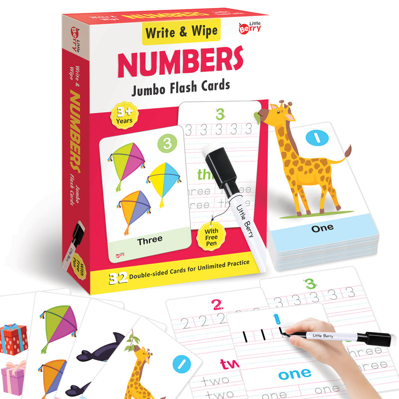 Little Berry NUMBERS Write & Wipe Jumbo Flash Cards (With Marker Pen) for Kids 2+ Years