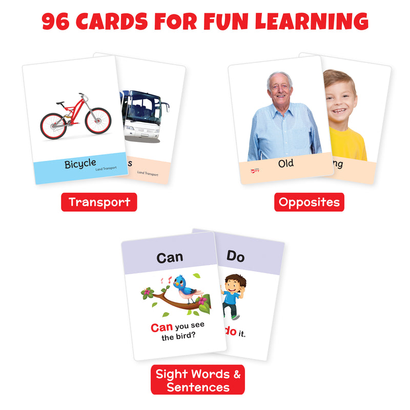 Little Berry Big Flashcards for Kids (Set of 3): Transport, Opposite & Sight Words - 96 Cards