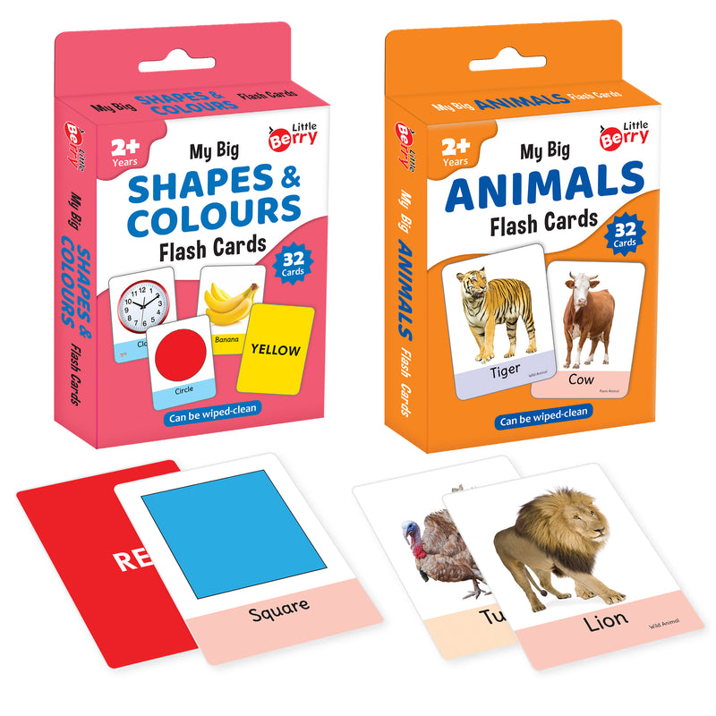 Little Berry Big Flash Cards for Kids (Set of 2): Shapes, Colours and Animals - 64 Cards