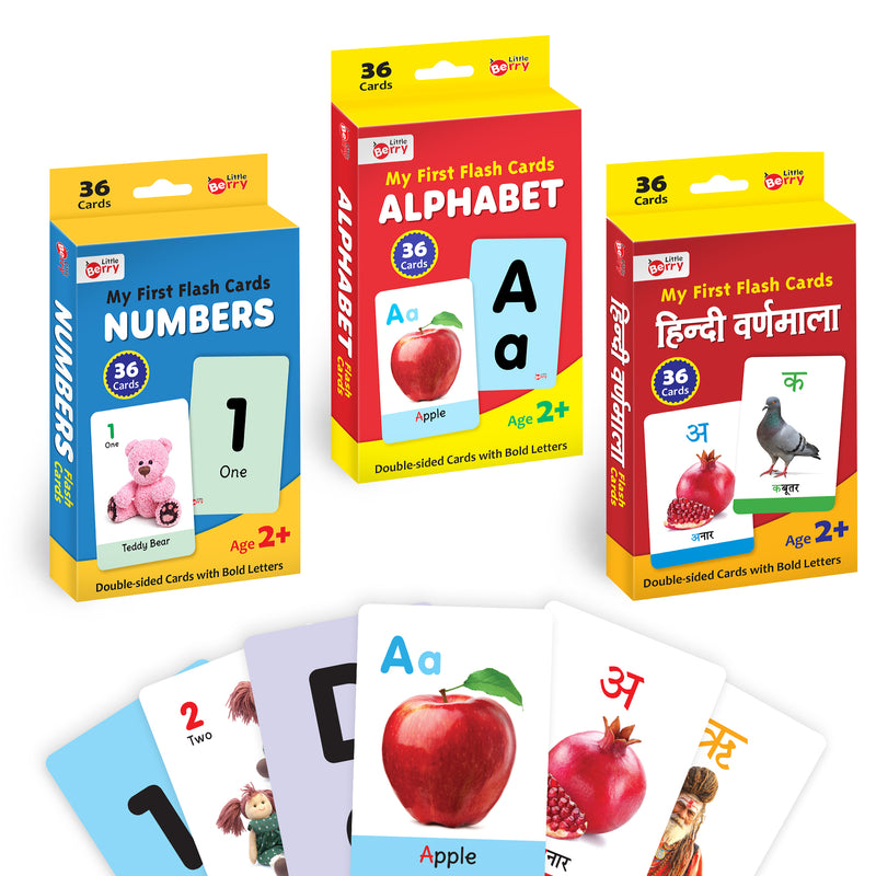 Little Berry First Flash Cards for Kids (Set of 3): ABC, Numbers, Hindi Varnmala - 108 Cards