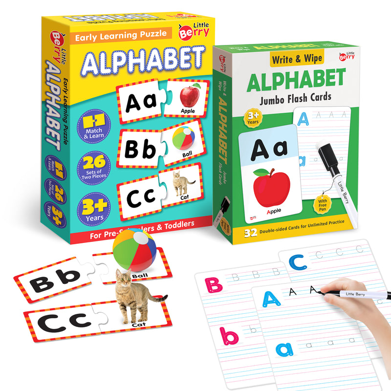 Little Berry Alphabet Learning Puzzle (52 Pcs) & Flash Cards for Kids (32 Write & Wipe Cards)