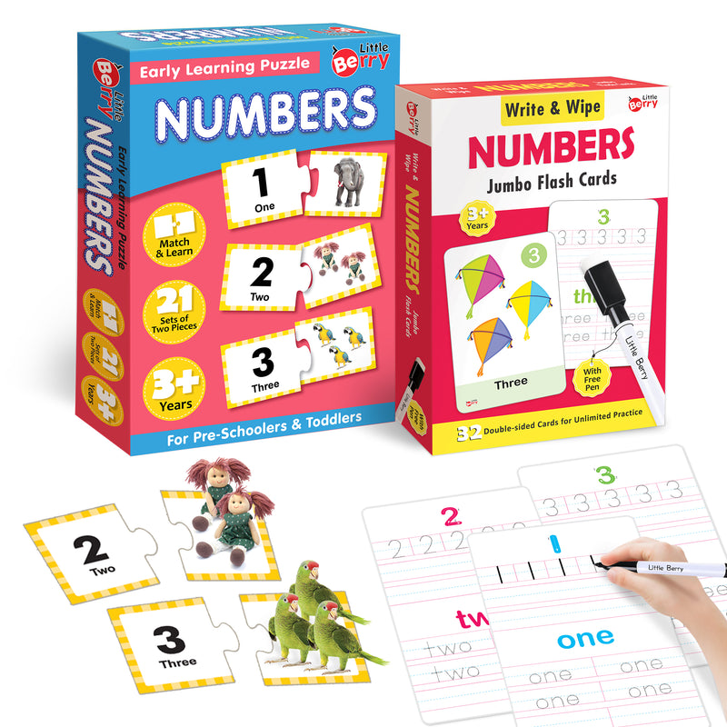 Little Berry Numbers Learning Puzzle (42 Pcs) & Flash Cards for Kids (32 Write & Wipe Cards)