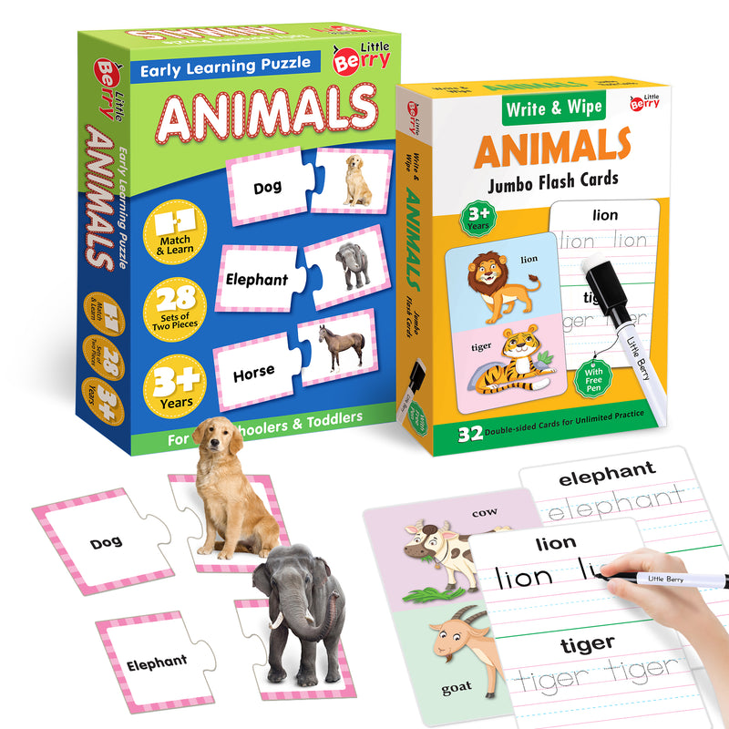 Little Berry Animals Learning Puzzle (42 Pcs) & Flash Cards for Kids (32 Write & Wipe Cards)