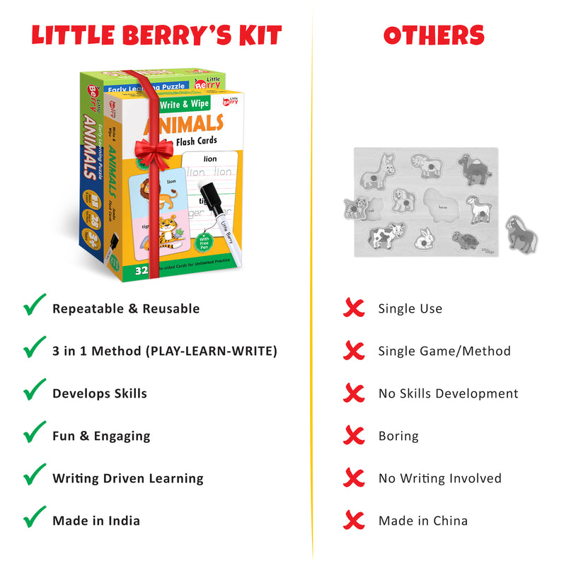 Little Berry Animals Learning Puzzle (42 Pcs) & Flash Cards for Kids (32 Write & Wipe Cards)