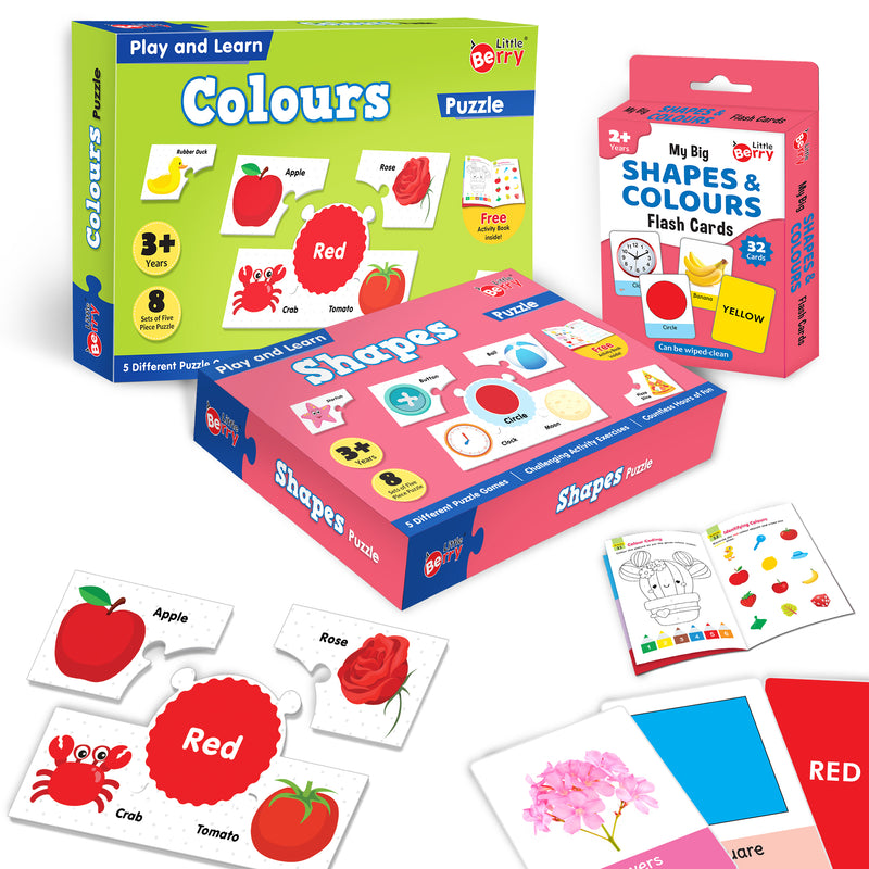 Little Berry Shapes and Colours Puzzle Combo For Kids With Activity Book and Flash Cards (112 Pieces)