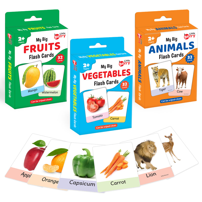 Little Berry Big Flash Cards for Kids (Set of 3): Fruits, Vegetables and Animals - 96 Cards