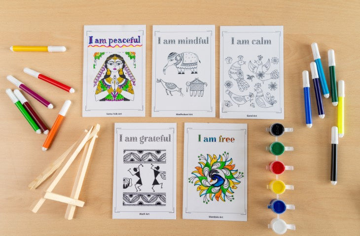 DIY Folk Art Canvas Coloring Kit - 5 Printed Canvas, easel and coloring pens