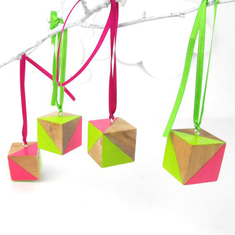 NEON vibes - NATURAL WOODEN CUBE ORNAMENT  - PACK OF 2 (Personalization Available )