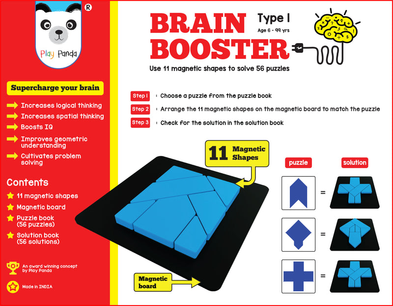 Brain Booster Type 1 - 56 puzzles designed to boost intelligence - with Magnetic shapes, Magnetic Board, Puzzle Book and Solution Book