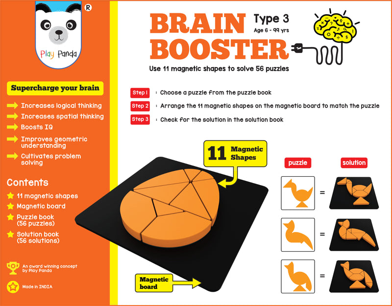 Brain Booster Set 3 - 56 puzzles designed to boost intelligence - with Magnetic Shapes, Magnetic Board, Puzzle Book and Solution Book