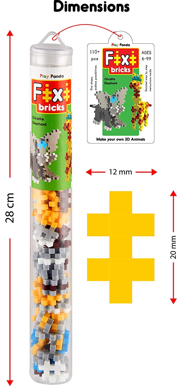 Fixi Bricks Jungle Tube 1 - Elephant and Giraffe - With 110 pcs, Detailed Assembly Instructions and Storage Tube - Small Parts (Age 6-99 years)