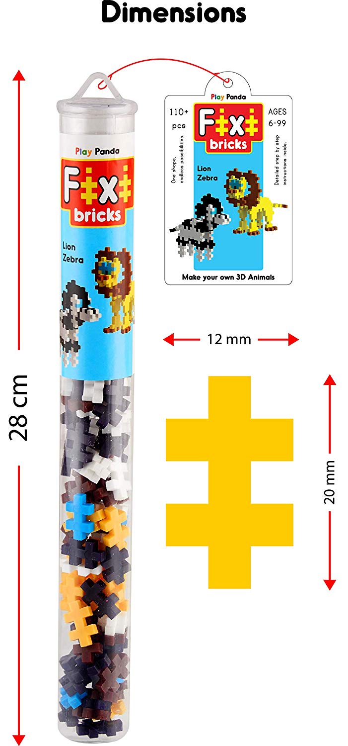 Fixi Bricks Jungle Tube 2 - Lion and Zebra - With 110 pcs, Detailed Assembly Instructions and Storage Tube - Small Parts (Age 6-99 years)