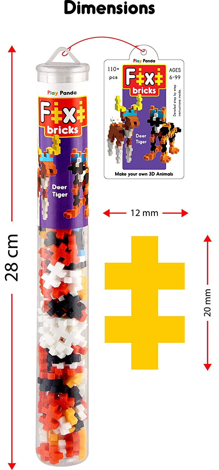 Fixi Bricks Jungle Tube 3 - Tiger and Deer - With 110 pcs, Detailed Assembly Instructions and Storage Tube - Small Parts (Age 6-99 years)