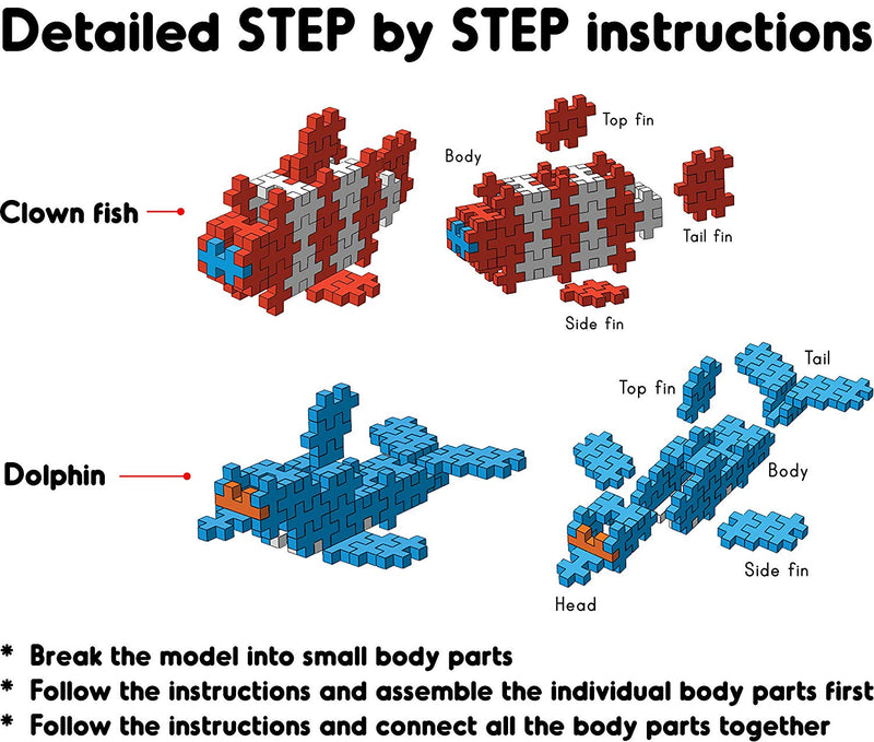 Fixi Bricks Aqua Tube 1 - Dolphin and Clown fish - With 120 pcs, Detailed Assembly Instructions and Storage Tube - Small Parts (Age 6-99 yrs)