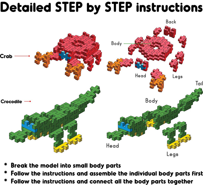 Fixi Bricks Aqua Tube 3 - Crocodile and Crab - With 120 pcs, Detailed Assembly Instructions and Storage Tube - Small Parts (Age 6-99 yrs)