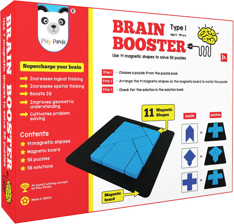 Brain Booster Type 1 (junior) - 56 puzzles designed to boost intelligence - with Magnetic Shapes, Magnetic Board, Puzzle Book and Solution Book