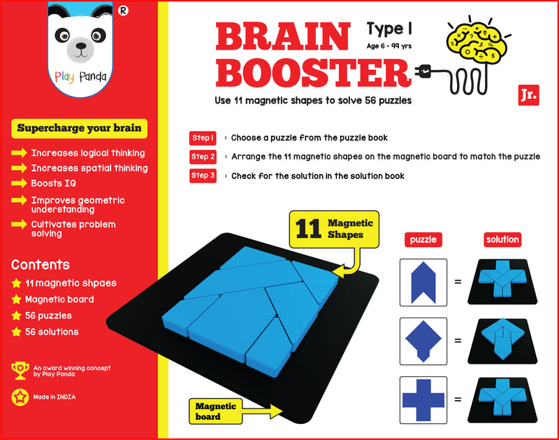 Brain Booster Type 1 (junior) - 56 puzzles designed to boost intelligence - with Magnetic Shapes, Magnetic Board, Puzzle Book and Solution Book