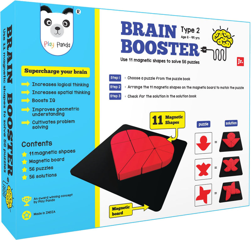 Play Panda Brain Booster Type 2 (junior) - 56 puzzles designed to boost intelligence - with Magnetic Shapes, Magnetic Board, Puzzle Book and Solution Book