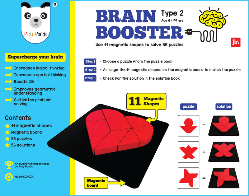 Play Panda Brain Booster Type 2 (junior) - 56 puzzles designed to boost intelligence - with Magnetic Shapes, Magnetic Board, Puzzle Book and Solution Book