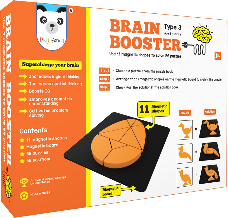Play Panda Brain Booster Set 3 (junior) - 56 puzzles designed to boost intelligence - with Magnetic Shapes, Magnetic Board, Puzzle Book and Solution Book