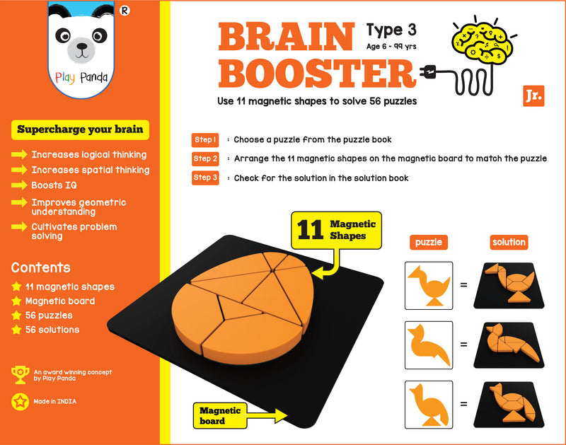 Play Panda Brain Booster Set 3 (junior) - 56 puzzles designed to boost intelligence - with Magnetic Shapes, Magnetic Board, Puzzle Book and Solution Book