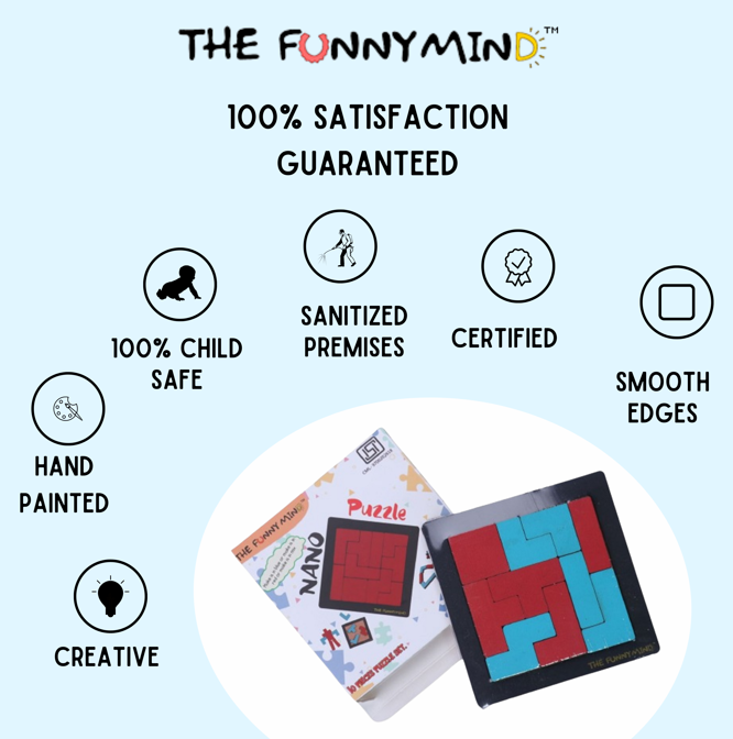 The Funny Mind Wooden 3D Nano Puzzle Board| 4.5” Mini Square Geometric Jigsaw Puzzle |Multicolor Tangram Building Blocks Educational Game for Montessori, Nursery and Pre Schools Kids and Toddlers