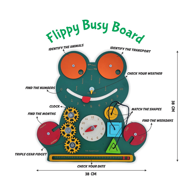 The Funny Mind Flippy Frog Wooden Busy Board Game for Kids and Toddlers, 10+ Activities with Stand - Interactive Montessori Educational Toy - Sensory Toys for Kids - Colorful, Durable and Safe