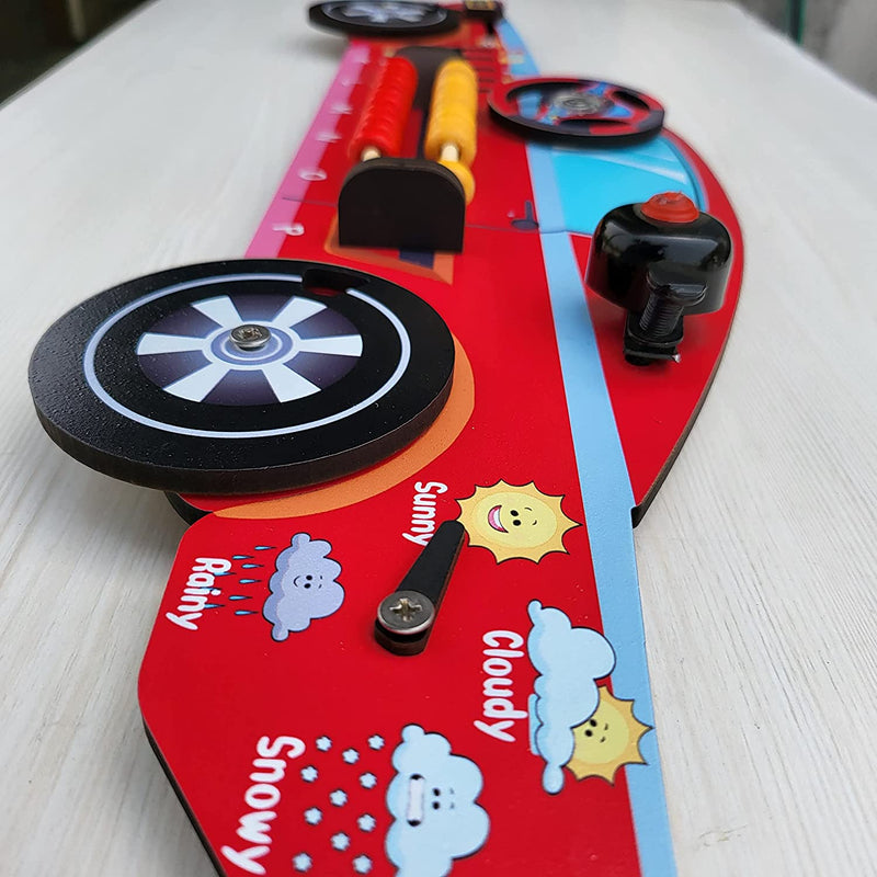 The Funny Mind 7+ Activities Wooden Racing Red Sports Car Toy Busy Board For Kids and Toddlers | Montessori Educational Sensory Activity Busy Board | Preschool Basic Skills Learning | Colorful, Sturdy, Safe,& Certified