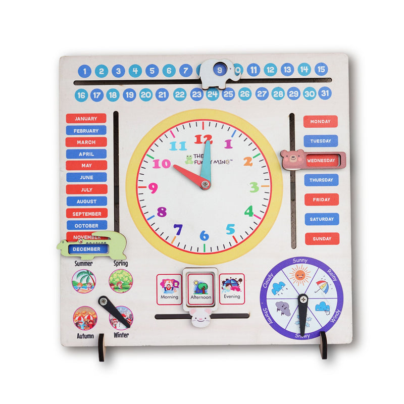The Funny Mind 7 Activities Jumbo Teaching Clock & Calender with Weather, Days, Months, Dates, Greetings, and Seasons Board Wooden Toy Game for Kids, Toddlers, and Babies | Preschool Educational Toy | Montessori Toy