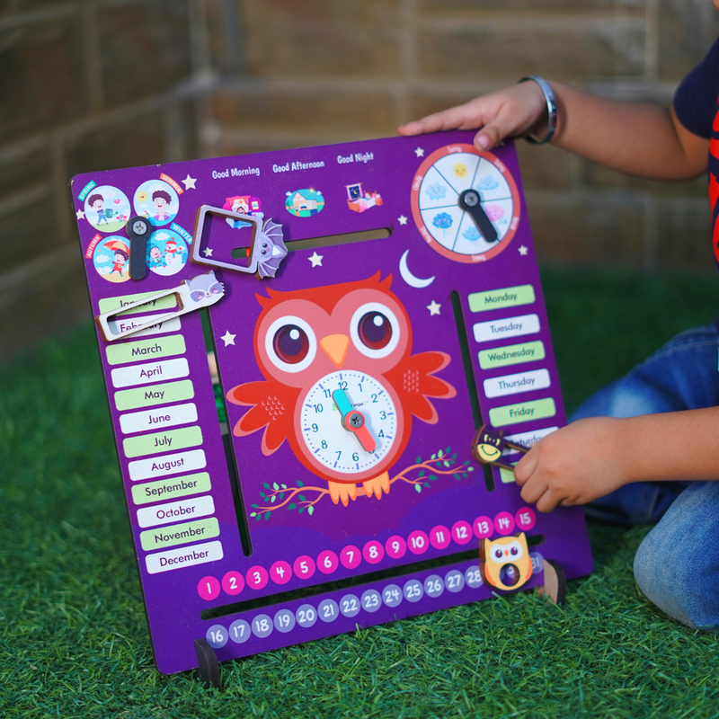The Funny Mind 7 Activities Owl Teaching Clock and Calender with Weather, Days, Months, Dates, Greetings, and Seasons Board Wooden Toy Game for Kids, Toddlers, and Babies | Preschool Educational Toy 36 X 36 cm